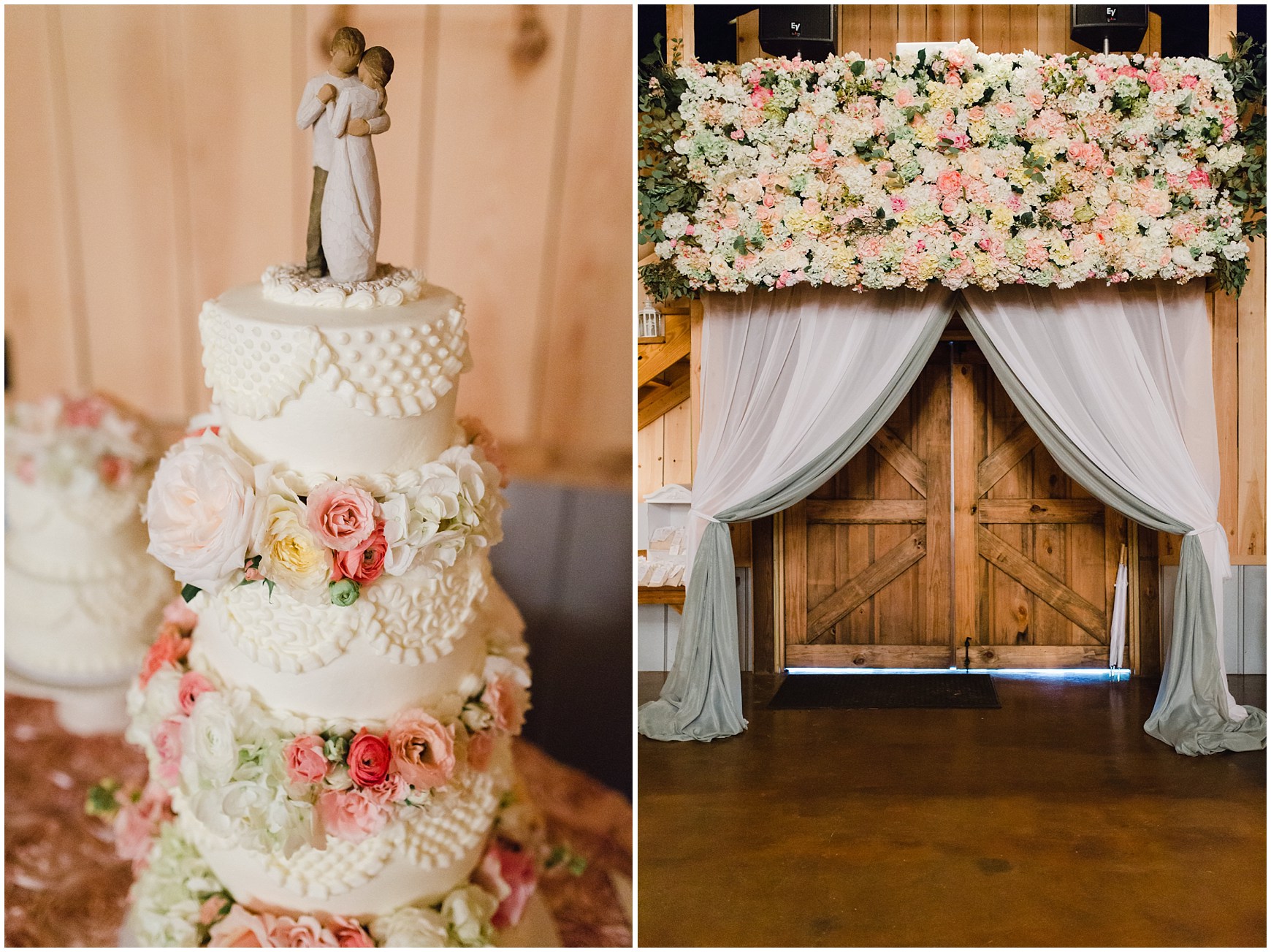 Wedding flower wall and wedding cake