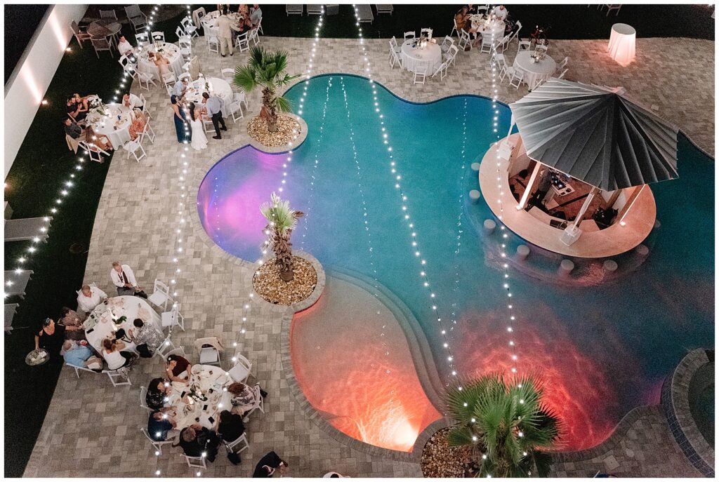 overhead view of a wedding reception at a beach house